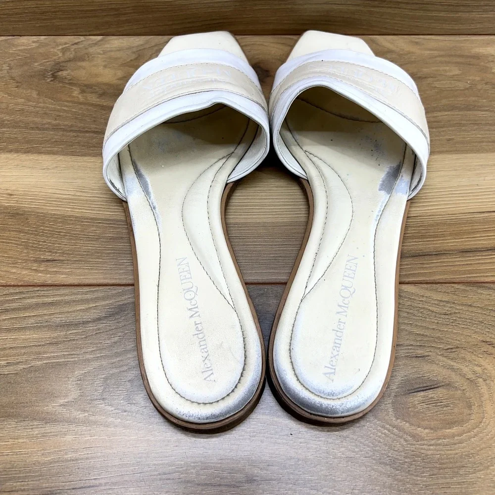 Alexander Mcqueen Slide Sandals 10 EU 40 White Beige Neutrals Leather Square Toe